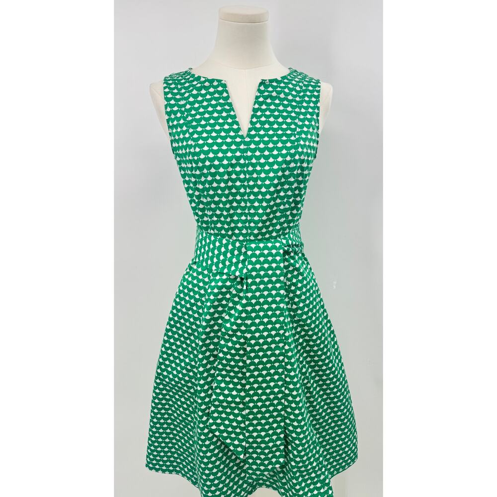 Boden Mischa Dress Green White Sleeveless Tie Belt Short Fit Flare Work Dress 2
